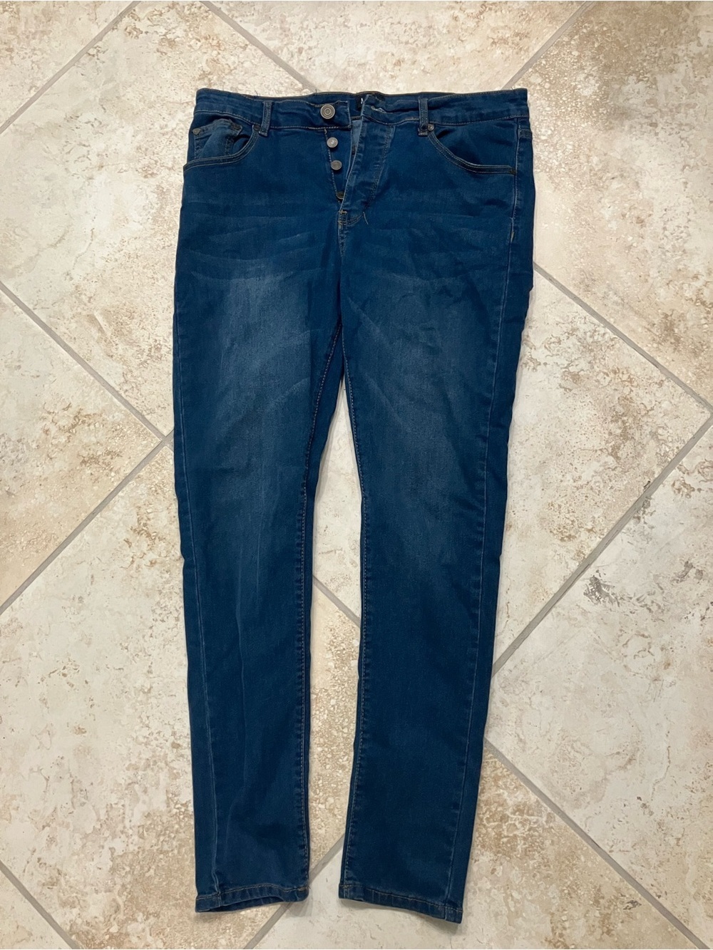 Boohoo Dark Blue Skinny Jeans with Button-Fly
